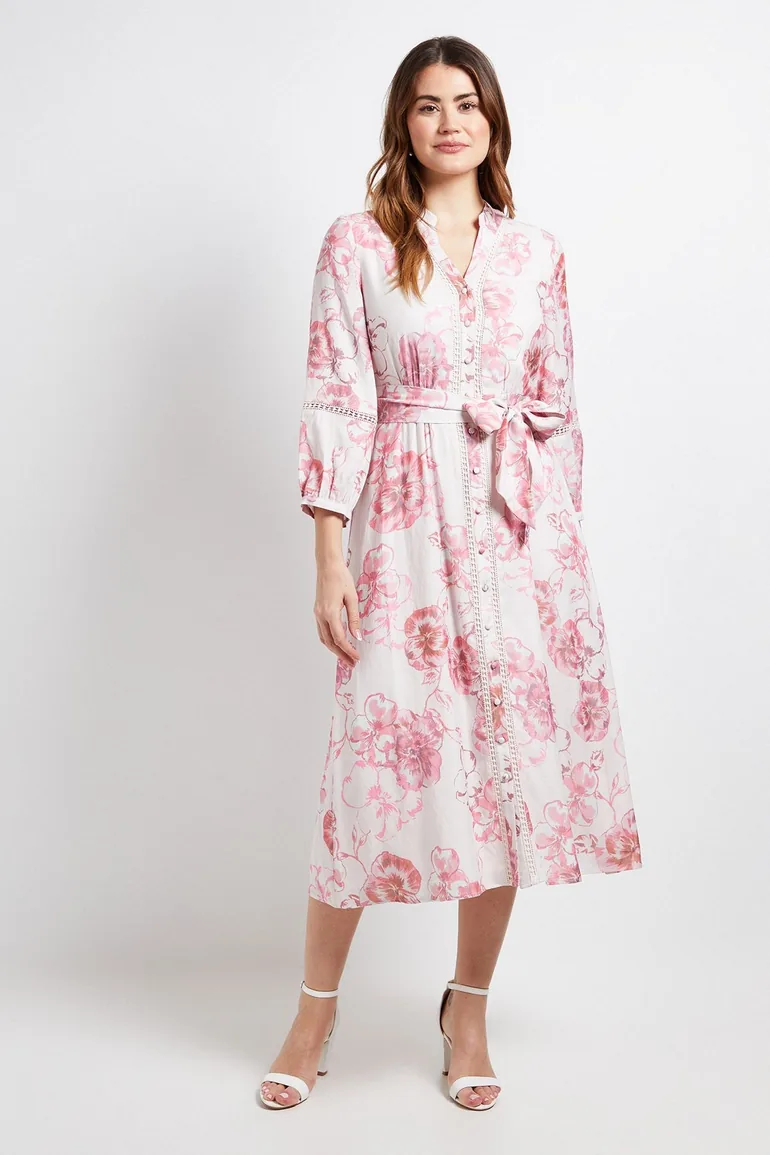 Floral Lace Insert Collarless Shirt Dress