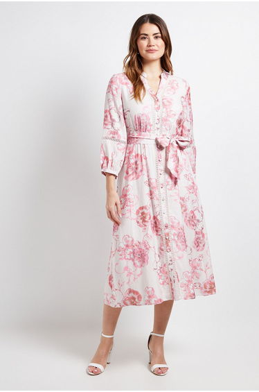 Floral Lace Insert Collarless Shirt Dress