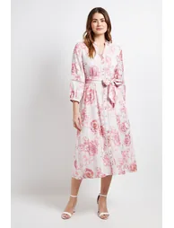 Floral Lace Insert Collarless Shirt Dress