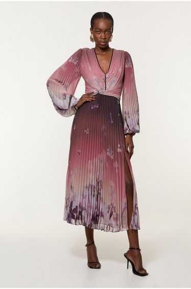 Crinkle Pleat Border Floral Balloon Sleeve Woven Midaxi Dress