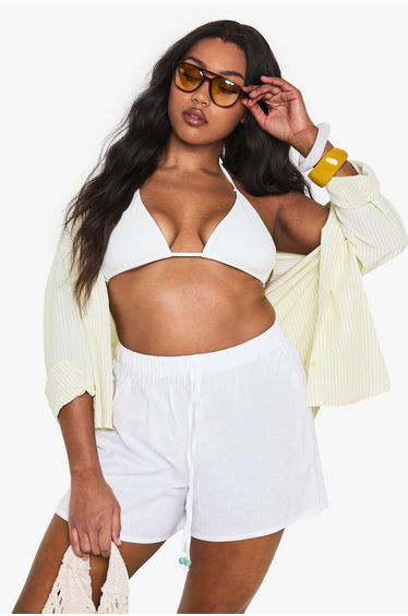 Plus Linen Beaded Beach Shorts - white
