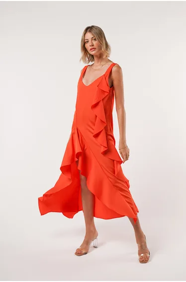 Orange Side Split Midi Dress