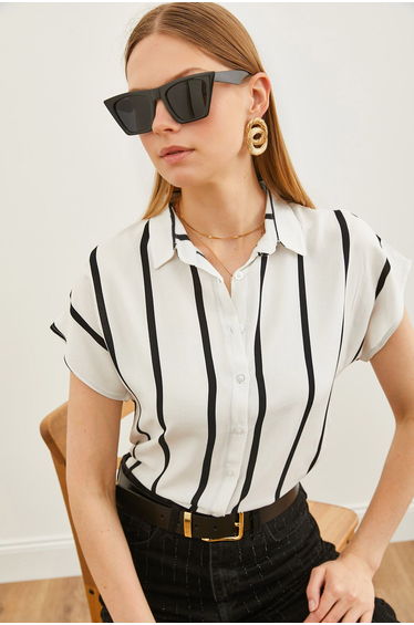 Women's White Striped Bat Viscose Shirt