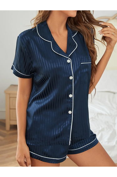 Navy Blue Striped Pattern Piping Shirt and Shorts Set