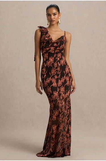 Mar | Black And Rust Cowl-Neckline Maxi Dress