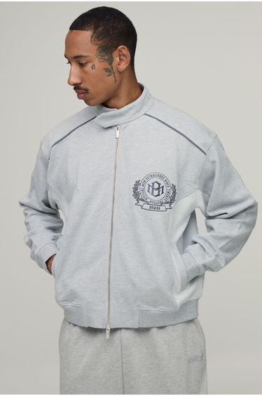Boxy Fit Biker Neck Colour Block Moto Jersey Jacket - grey