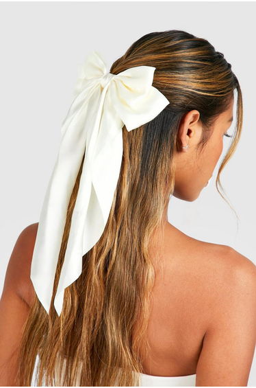 White Large Satin Bow Hair Clip - ivory