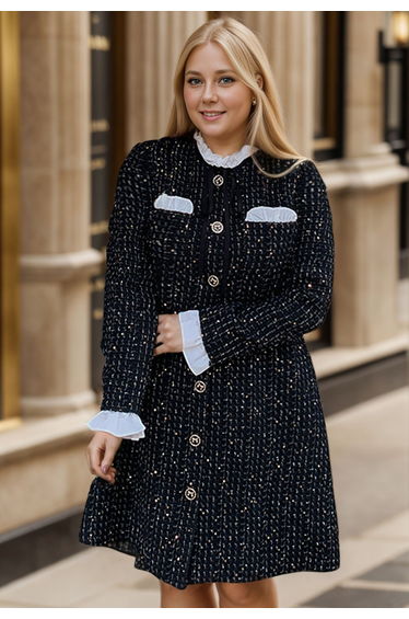 Contrast Ruffle Trim Sequin Grid Tweed Coat Dress