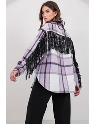 Women's Lilac Leather Back Tassel Pocket Lumberjack Shirt Jacket - 1