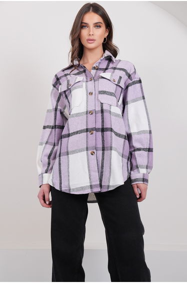 Women's Lilac Leather Back Tassel Pocket Lumberjack Shirt Jacket