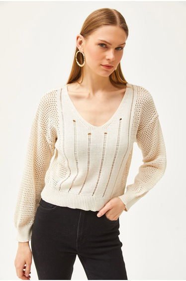 Women's Ecru V-Neck Stripe Openwork Hollowed Sleeve Cotton Knitwear Blouse