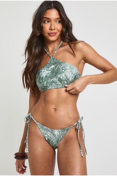 Paisley Print Halter Bikini Top And Tie Side Bikini Bottom Set - green