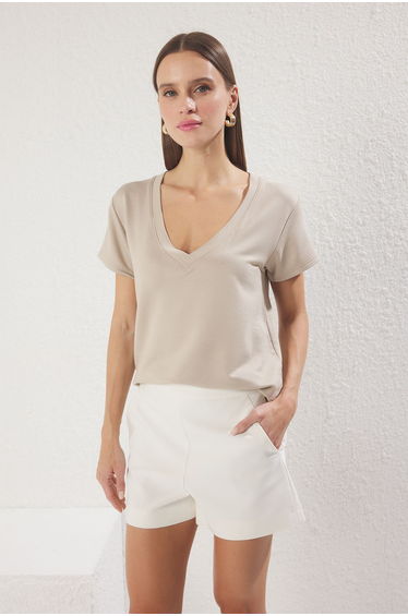 Beige V Neck Regular Pattern Knitted T-Shirt