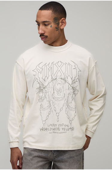 Oversized Graphic Exposed Seams Washed Printed Long Sleeve T-Shirt - ecru