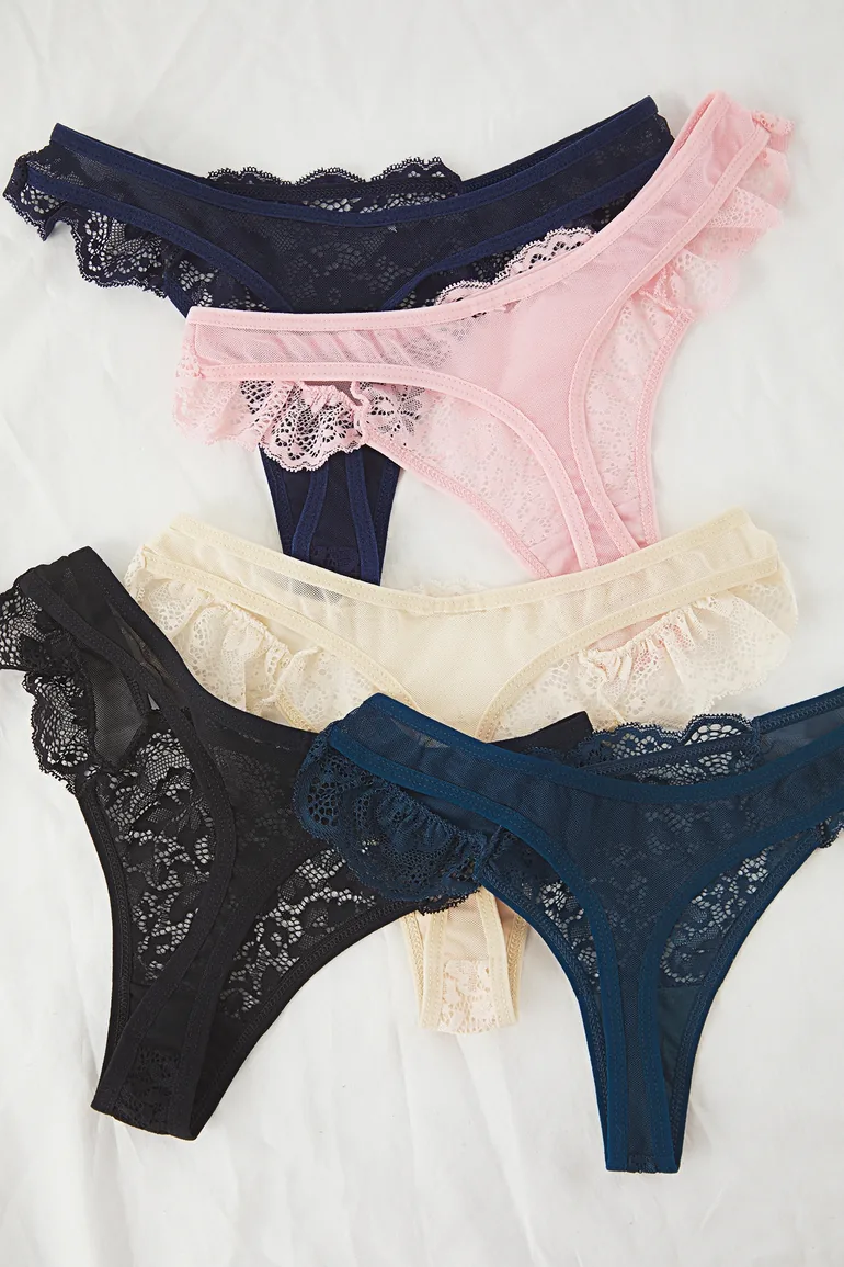 Blue-Multicolored 5-Pack Tulle Lace Detailed Thong Knitted Panties - 4