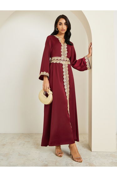 Women Burgundy Gold Embroidery Kaftan