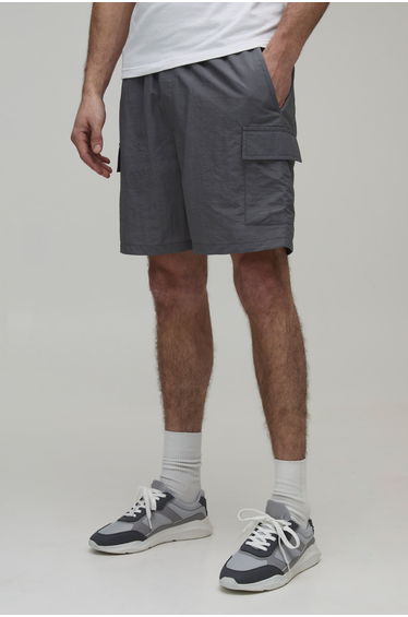 Relaxed Fit Elasticated Nylon Cargo Shorts - grey