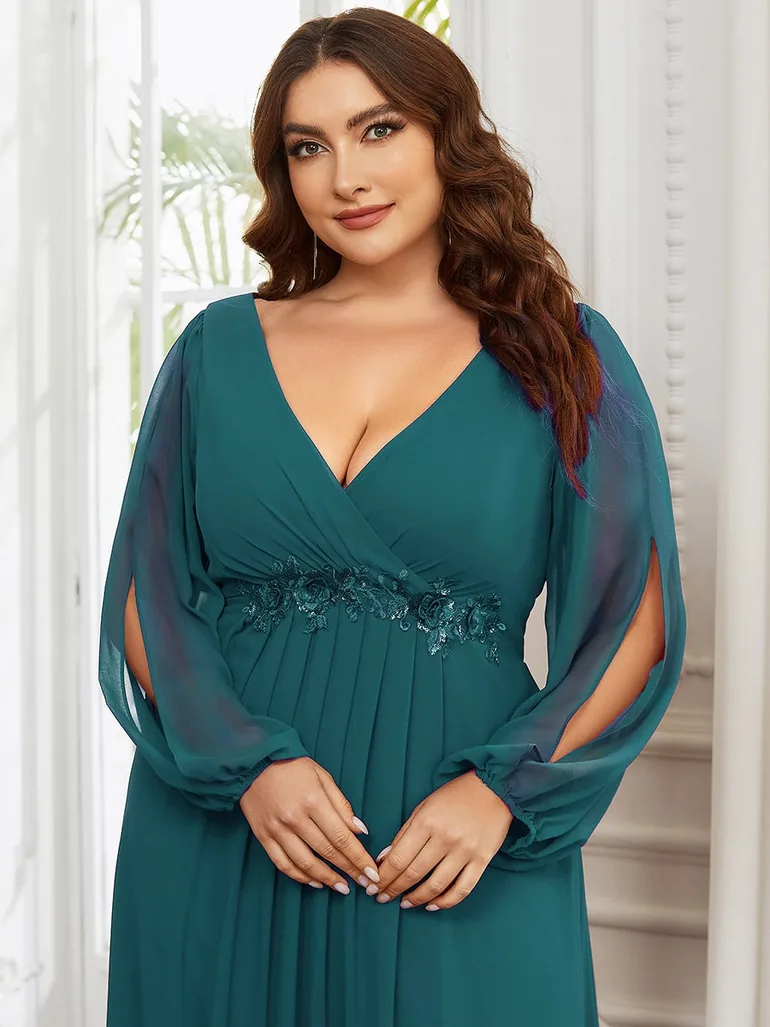 pretty AMOUR|Stylish Plus Size Chiffon Formal Evening Dresses with Long Lantern Sleeves - 4