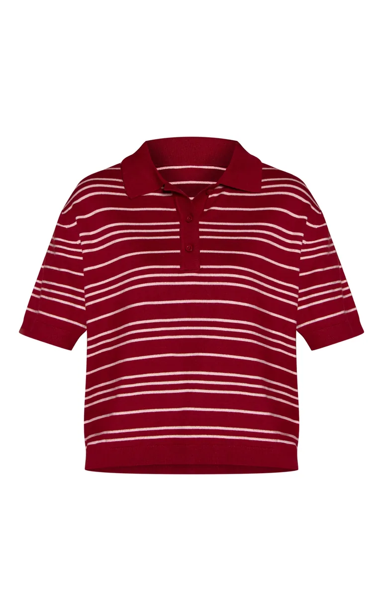 Burgundy Polo Short Sleeve Knit Rugby Top - 4