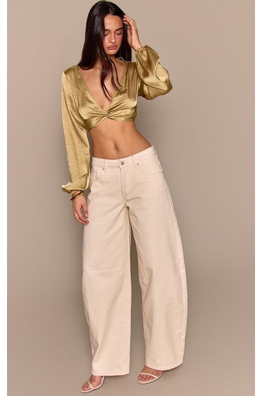 Sage Satin Knot Detail Extreme Crop Blouse