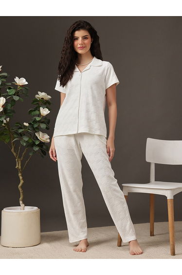 Textured Button Down Shirt and Pyjama Set
