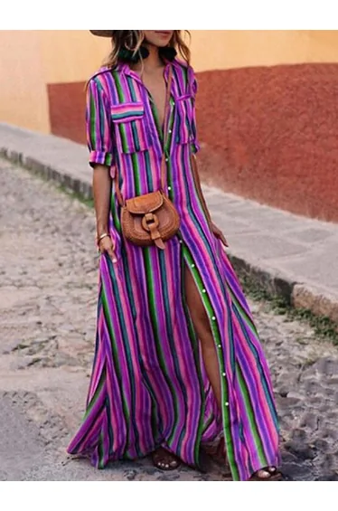 Long Sleeves Loose Split-Joint Striped Lapel Maxi Dresses Shirt Dress