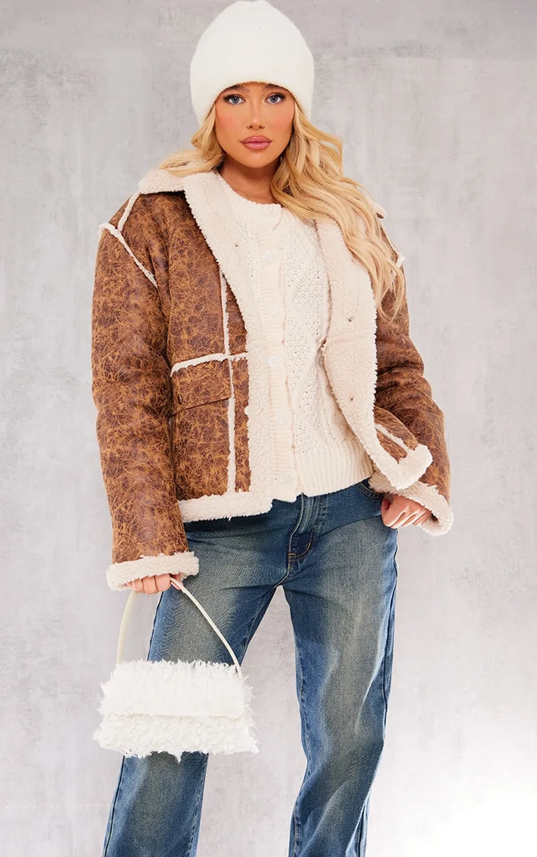 Brown Distressed Pu Borg Detail Collared Jacket - 2