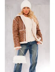 Brown Distressed Pu Borg Detail Collared Jacket - 2