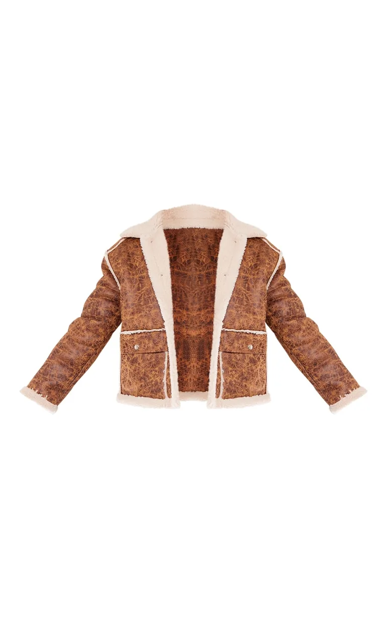 Brown Distressed Pu Borg Detail Collared Jacket - 4