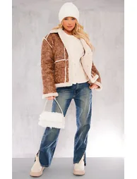 Brown Distressed Pu Borg Detail Collared Jacket