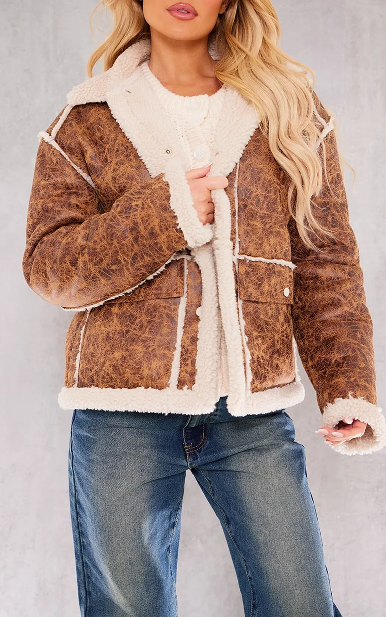 Brown Distressed Pu Borg Detail Collared Jacket - 3