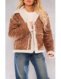 Brown Distressed Pu Borg Detail Collared Jacket - 3