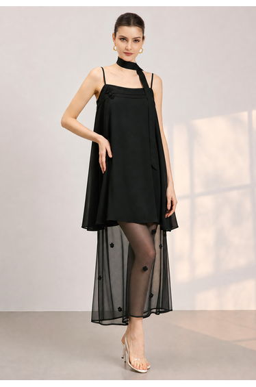 Beaded Floral Satin Organza Layer Cami Dress in Black for Gallery Openings & Brand Events
