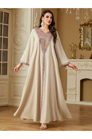 Women Beige Sequined Panel V Neck Jalabiya