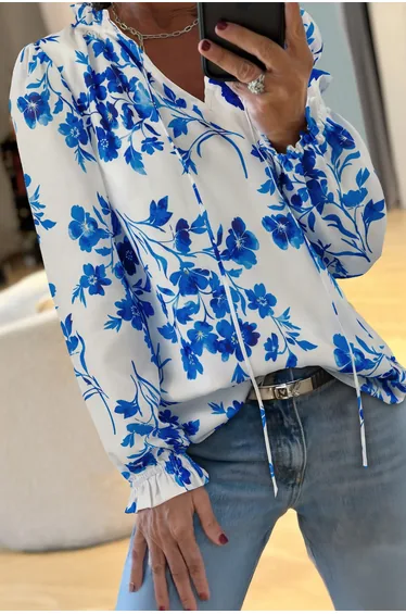 Lvness Blue Floral Long Sleeve Lace-up V Neck Blouse