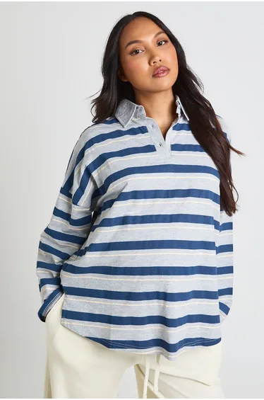 تيشيرت بوهو كحلي بطبعة مخططة بأكمام طويلة - للحوامل