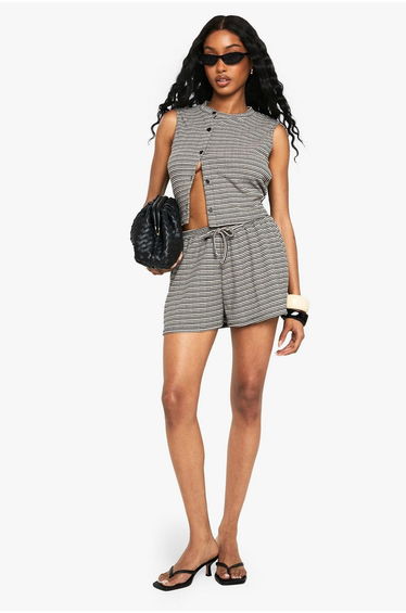 Striped Jersey Asym Button Sleeveless Tank - black_white