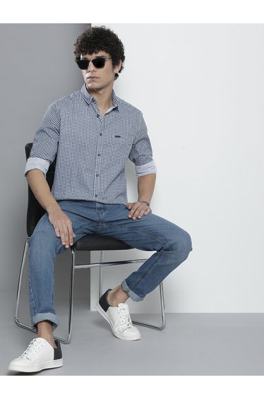 Men Navy Blue Checked Spread Collar Shirt