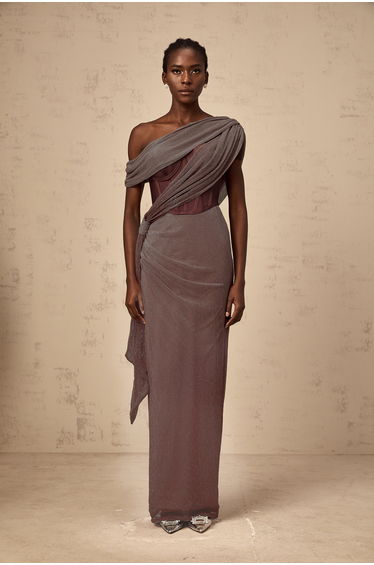Delphine ribbon-design corset maxi dress in Brown
