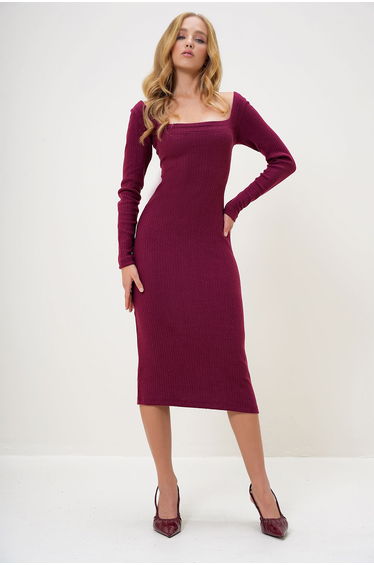 Women's Burgundy Square Neck Long Sleeve Midi Length Interlock Fabric Dress