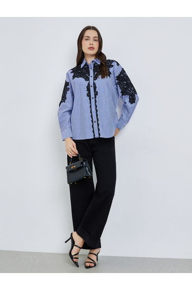 Women Blue Striped Shirt with Lace Trim