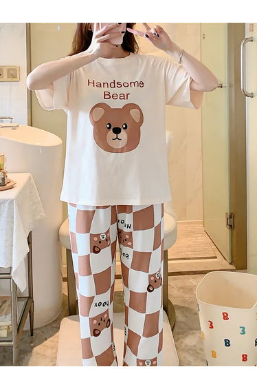 Beige Bear Print T-Shirt and Pyjama Set