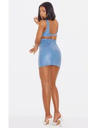 Shop Petrol Blue Contrast Stitch Wet Look Denim Mini Dress Online in Iraq