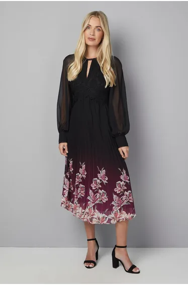 Petite Occasion Lace Insert Pleated Midi Dress