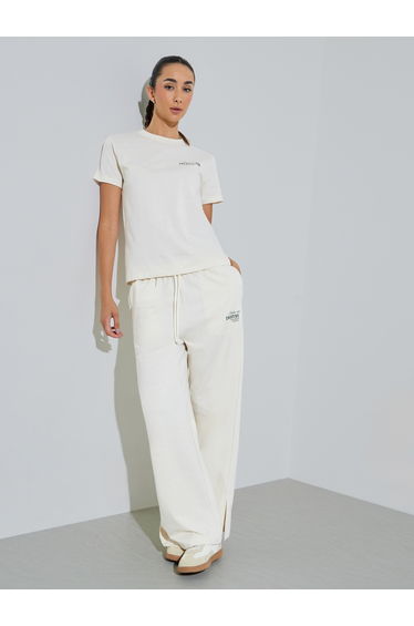 Cream Text Print Cotton Blend T-Shirt and Joggers Co-ord Set