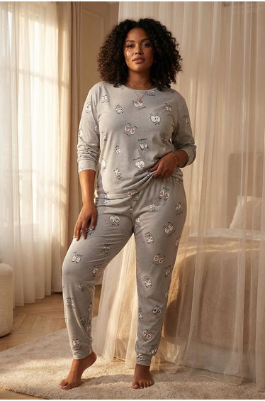 Gray Eye Patterned T-shirt-Jogger Knitted Pajama Set