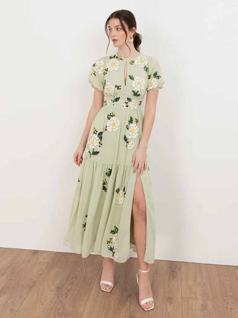 Maya Meadow Green Embellished Keyhole Detail Tiered Midaxi Dress