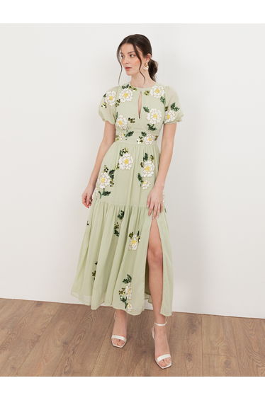 Maya Meadow Green Embellished Keyhole Detail Tiered Midaxi Dress