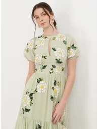 Maya Meadow Green Embellished Keyhole Detail Tiered Midaxi Dress - 2