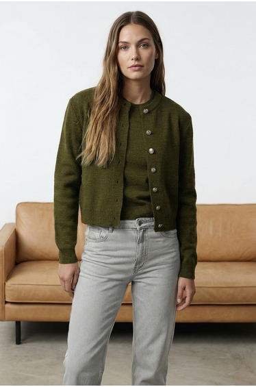 Khaki Basic Cardigan-Blouse Knitwear Cardigan